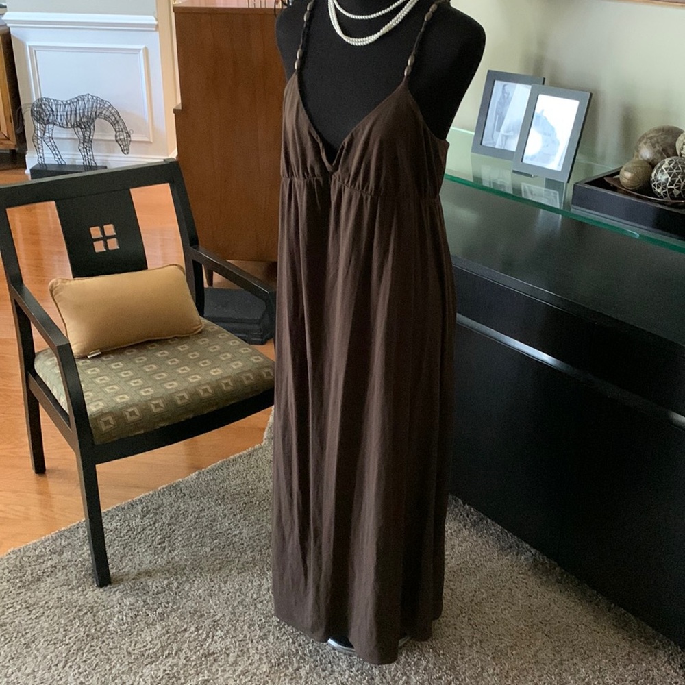 Brown Maxi Dress Beaded Straps Size Large